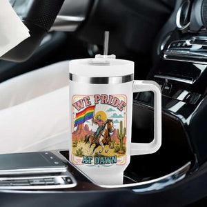 We Pride at Dawn Retro Rainbow Cowgirl Tumbler With Handle Pride Month Country Western Vibes