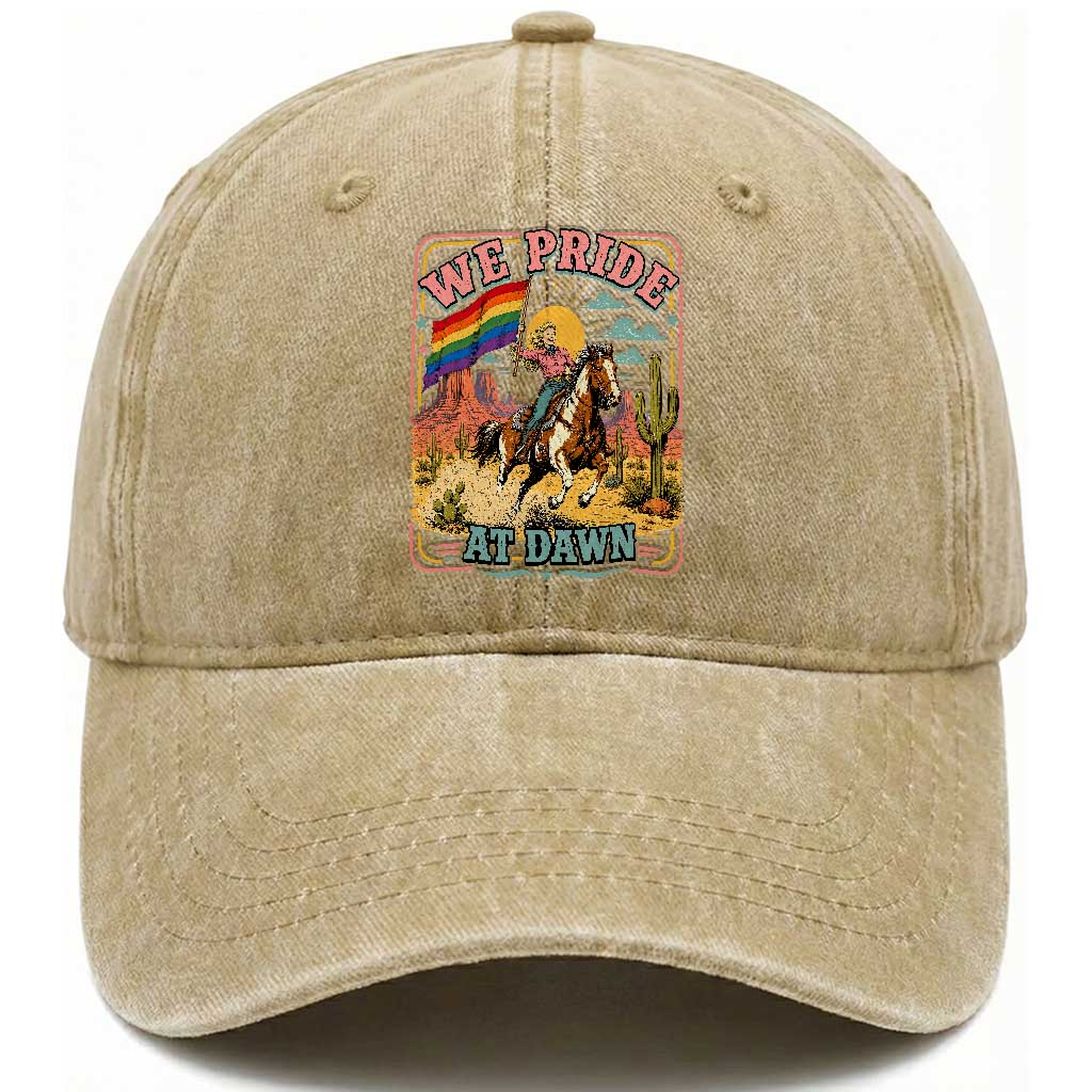 We Pride at Dawn Retro Rainbow Cowgirl Washed Cotton Baseball Cap Pride Month Country Western Vibes TS02 Print Your Wear