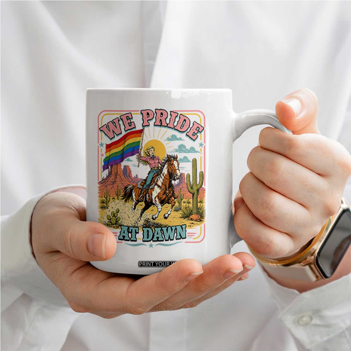 We Pride at Dawn Retro Rainbow Cowgirl Coffee Mug Pride Month Country Western Vibes