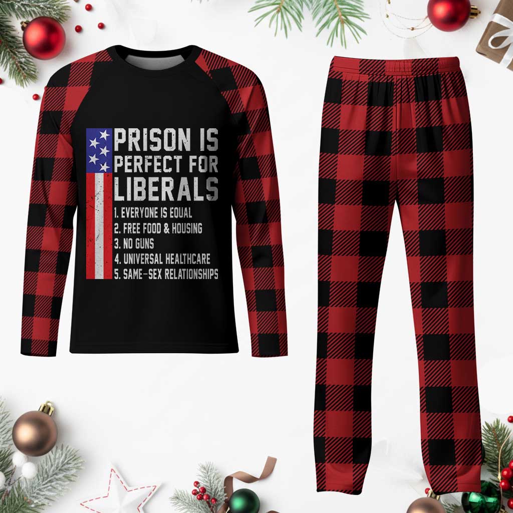 Prison Is Perfect For Liberals Plaid Pajama Set Distressed American Flag Conservative Humor TS02 Buffalo Plaid Print Your Wear