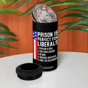 Prison Is Perfect For Liberals 4 in 1 Can Cooler Tumbler Distressed American Flag Conservative Humor