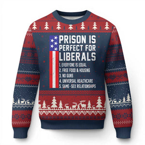 Prison Is Perfect For Liberals Ugly Christmas Sweater Distressed American Flag Conservative Humor