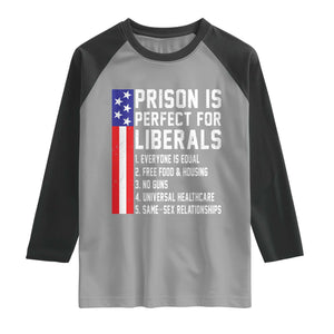 Prison Is Perfect For Liberals Raglan Shirt Distressed American Flag Conservative Humor