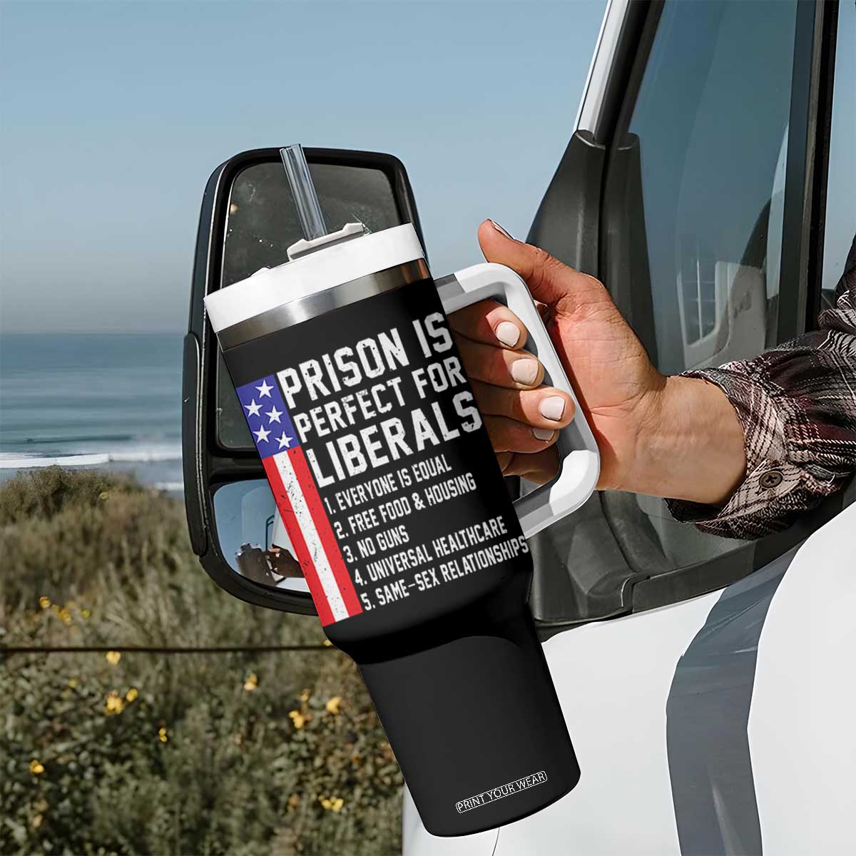 Prison Is Perfect For Liberals Tumbler With Handle Distressed American Flag Conservative Humor