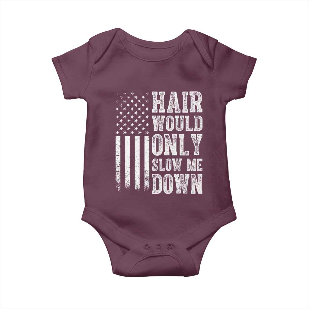 Funny Bald Pride Hair Would Only Slow Me Down Baby Onesie Distressed Patriotic US Flag Bald Men Joke