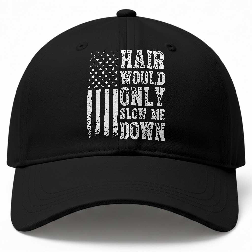 Funny Bald Pride Hair Would Only Slow Me Down Baseball Cap Distressed Patriotic US Flag Bald Men Joke