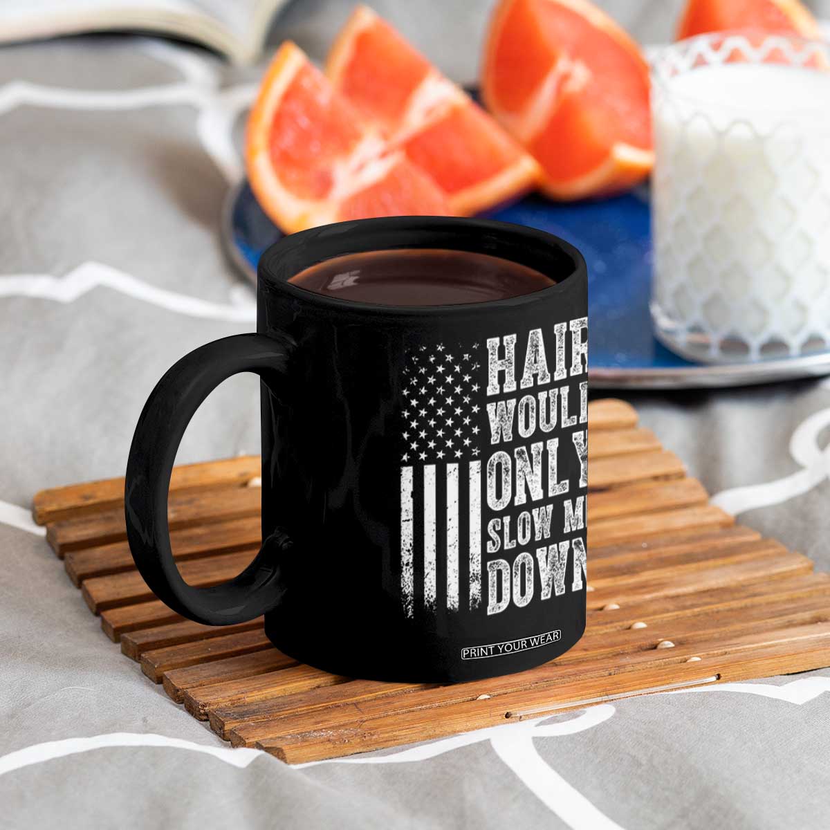 Funny Bald Pride Hair Would Only Slow Me Down Coffee Mug Distressed Patriotic US Flag Bald Men Joke