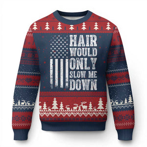 Funny Bald Pride Hair Would Only Slow Me Down Ugly Christmas Sweater Distressed Patriotic US Flag Bald Men Joke