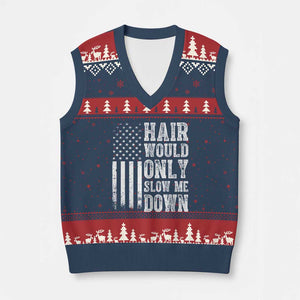 Funny Bald Pride Hair Would Only Slow Me Down V-Neck Knit Sweater Vest Distressed Patriotic US Flag Bald Men Joke