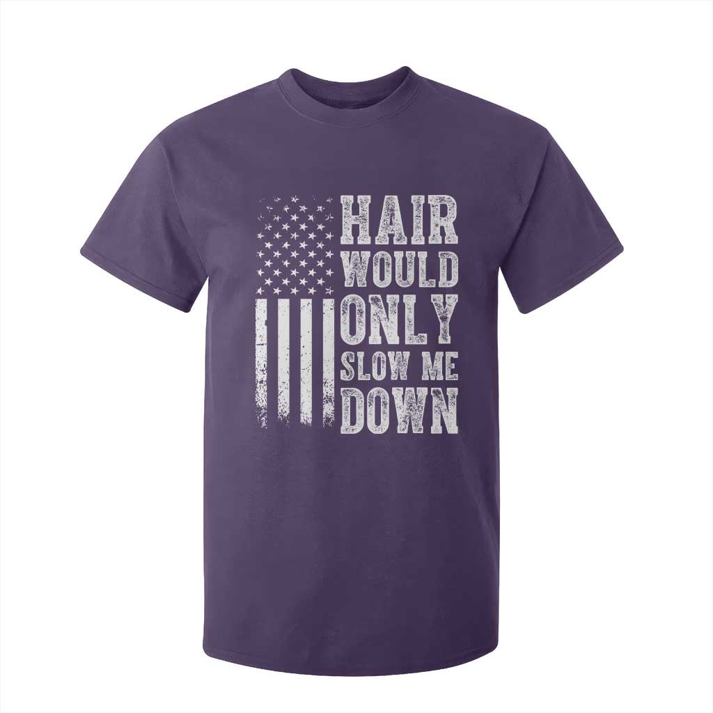 Funny Bald Pride Hair Would Only Slow Me Down T Shirt For Kid Distressed Patriotic US Flag Bald Men Joke