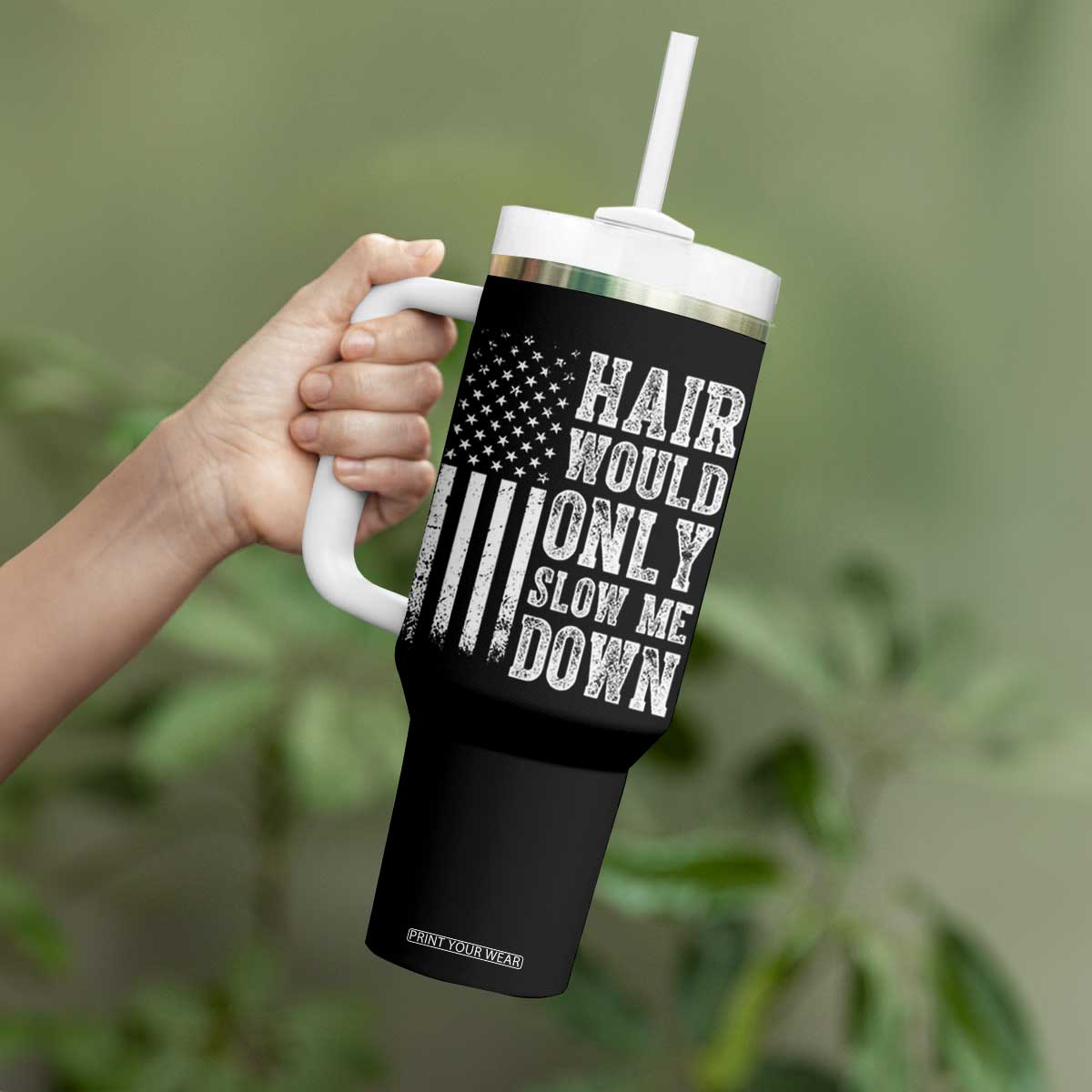 Funny Bald Pride Hair Would Only Slow Me Down Tumbler With Handle Distressed Patriotic US Flag Bald Men Joke