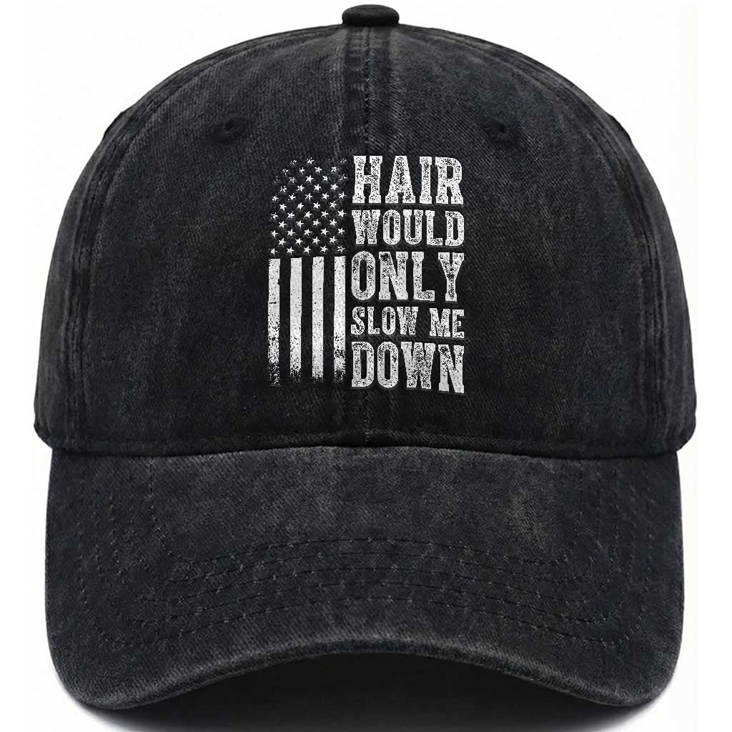 Funny Bald Pride Hair Would Only Slow Me Down Washed Cotton Baseball Cap Distressed Patriotic US Flag Bald Men Joke