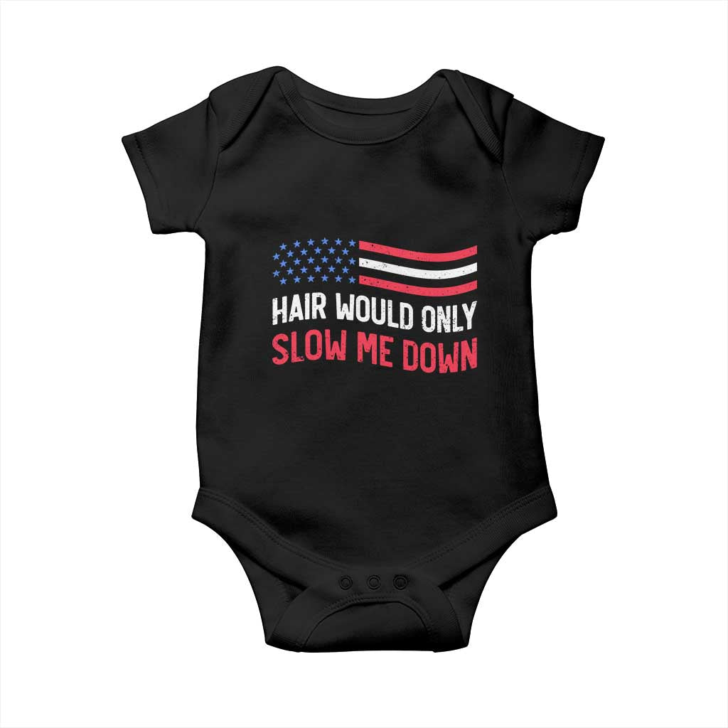 Hair Would Only Slow Me Down Retro Groovy Baby Onesie Patriotic Waving Flag Comedic Bald Pride