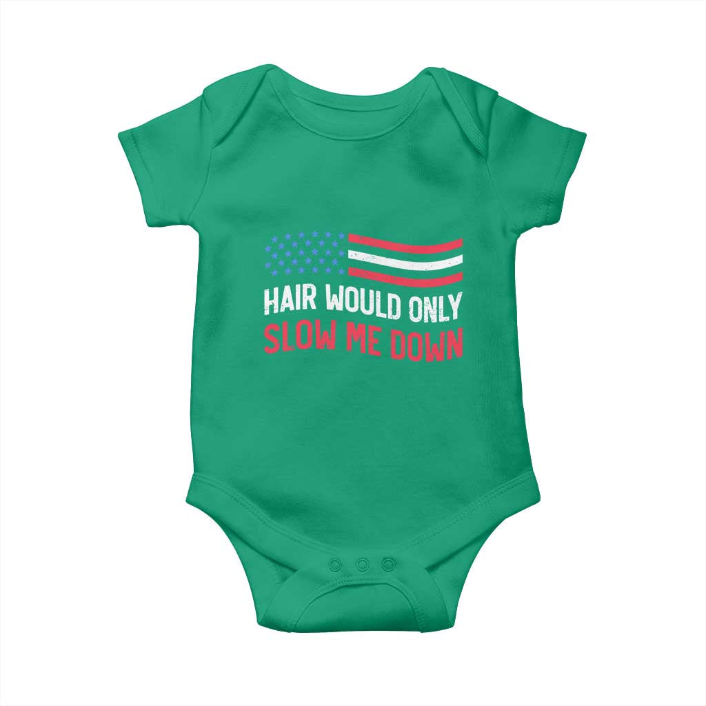 Hair Would Only Slow Me Down Retro Groovy Baby Onesie Patriotic Waving Flag Comedic Bald Pride