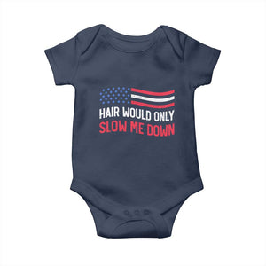 Hair Would Only Slow Me Down Retro Groovy Baby Onesie Patriotic Waving Flag Comedic Bald Pride