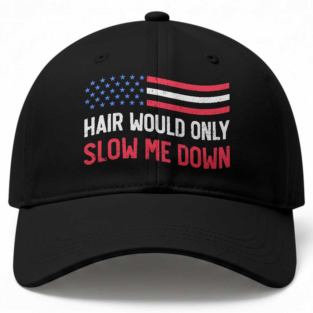 Hair Would Only Slow Me Down Retro Groovy Baseball Cap Patriotic Waving Flag Comedic Bald Pride