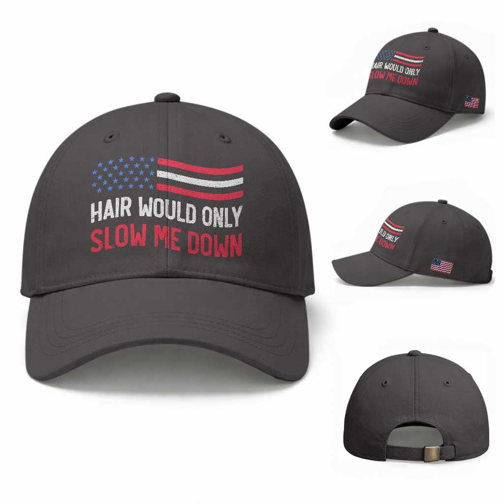 Hair Would Only Slow Me Down Retro Groovy Baseball Cap Patriotic Waving Flag Comedic Bald Pride