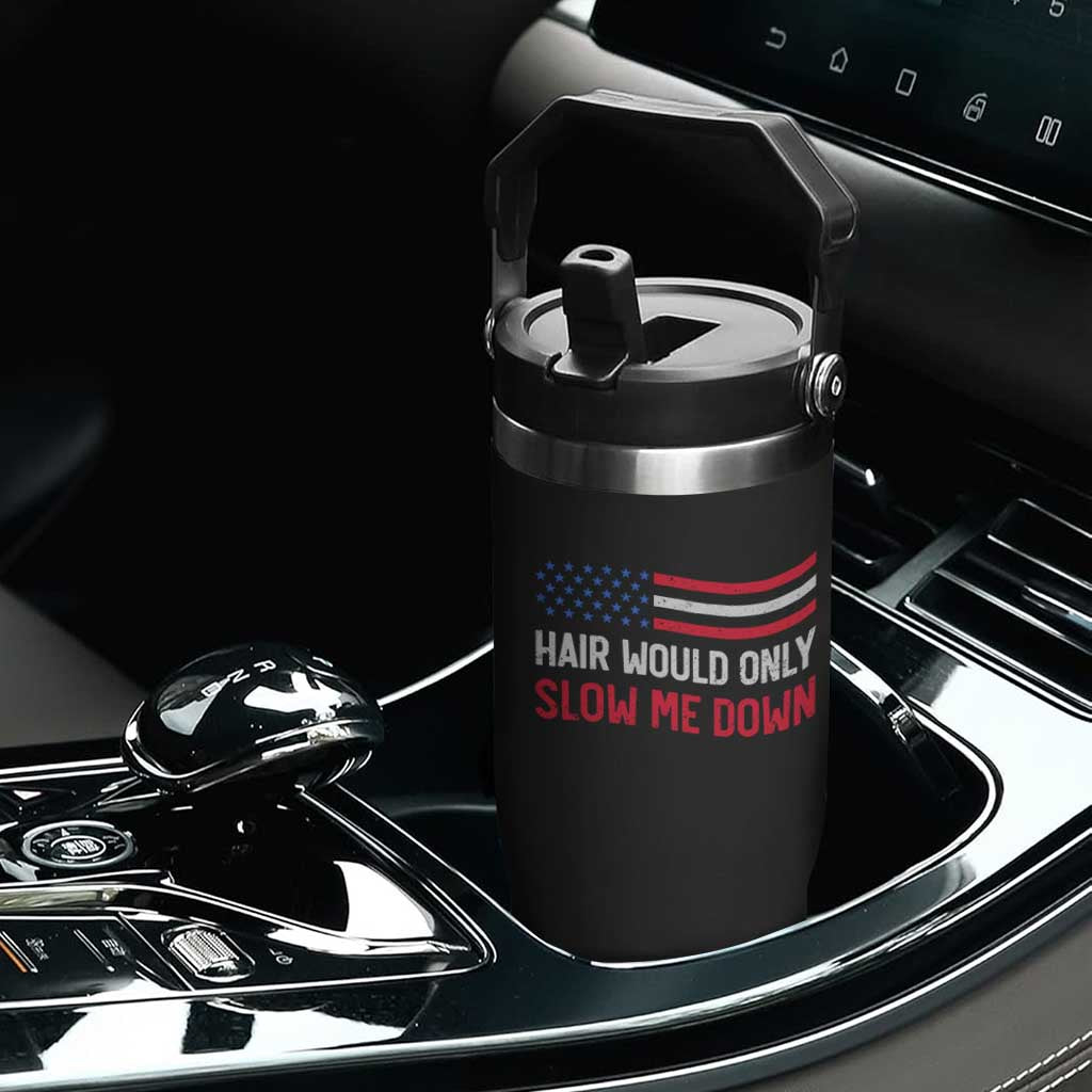 Hair Would Only Slow Me Down Retro Groovy Flip Straw Tumbler Patriotic Waving Flag Comedic Bald Pride