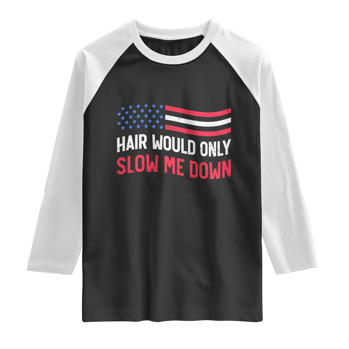 Hair Would Only Slow Me Down Retro Groovy Raglan Shirt Patriotic Waving Flag Comedic Bald Pride