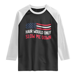 Hair Would Only Slow Me Down Retro Groovy Raglan Shirt Patriotic Waving Flag Comedic Bald Pride