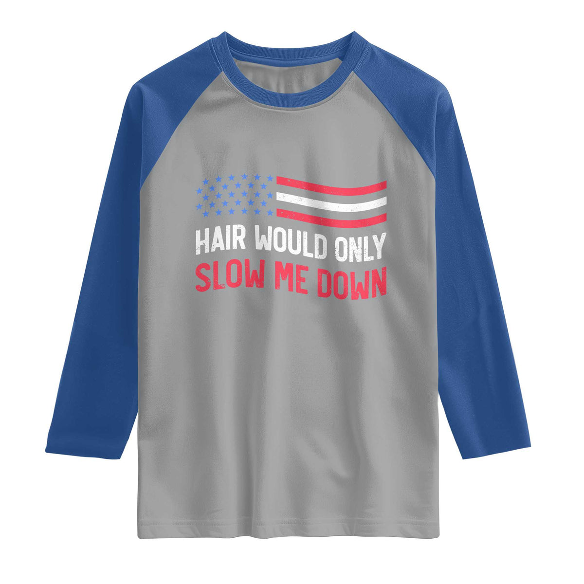 Hair Would Only Slow Me Down Retro Groovy Raglan Shirt Patriotic Waving Flag Comedic Bald Pride