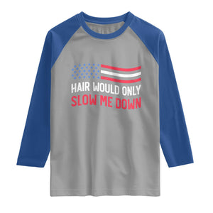 Hair Would Only Slow Me Down Retro Groovy Raglan Shirt Patriotic Waving Flag Comedic Bald Pride