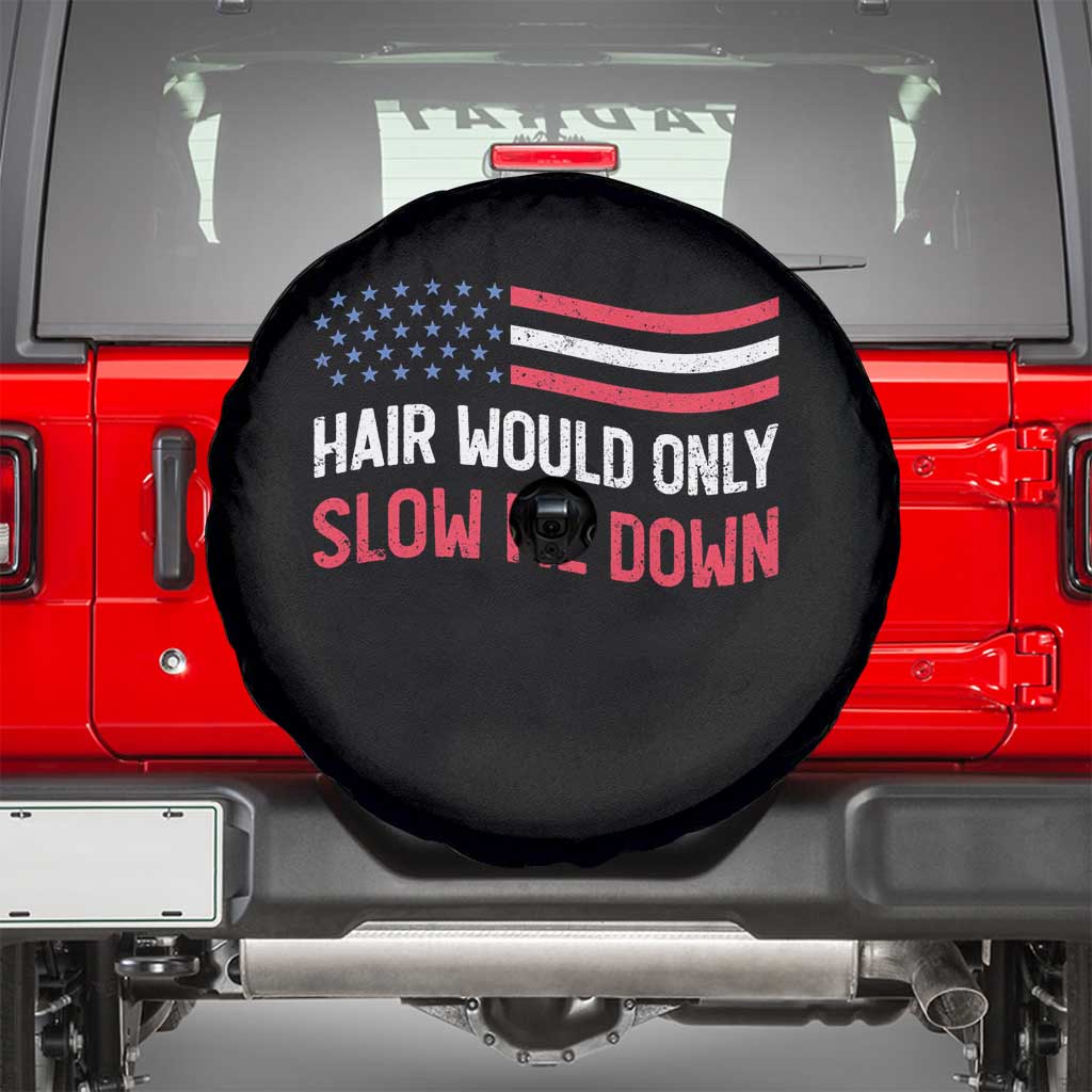 Hair Would Only Slow Me Down Retro Groovy Spare Tire Cover Patriotic Waving Flag Comedic Bald Pride