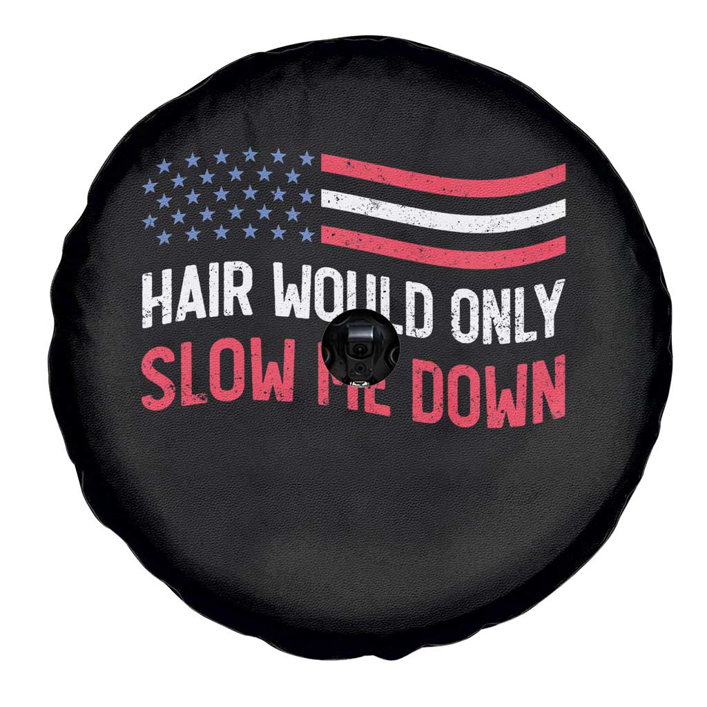 Hair Would Only Slow Me Down Retro Groovy Spare Tire Cover Patriotic Waving Flag Comedic Bald Pride