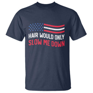 Hair Would Only Slow Me Down Retro Groovy T Shirt Patriotic Waving Flag Comedic Bald Pride