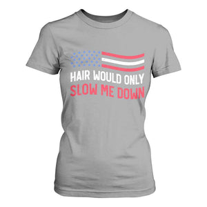Hair Would Only Slow Me Down Retro Groovy T Shirt For Women Patriotic Waving Flag Comedic Bald Pride