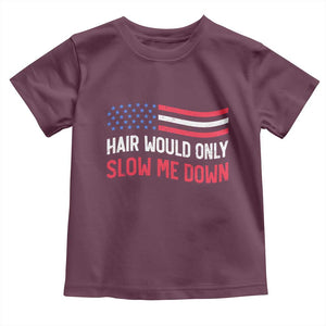 Hair Would Only Slow Me Down Retro Groovy Toddler T Shirt Patriotic Waving Flag Comedic Bald Pride