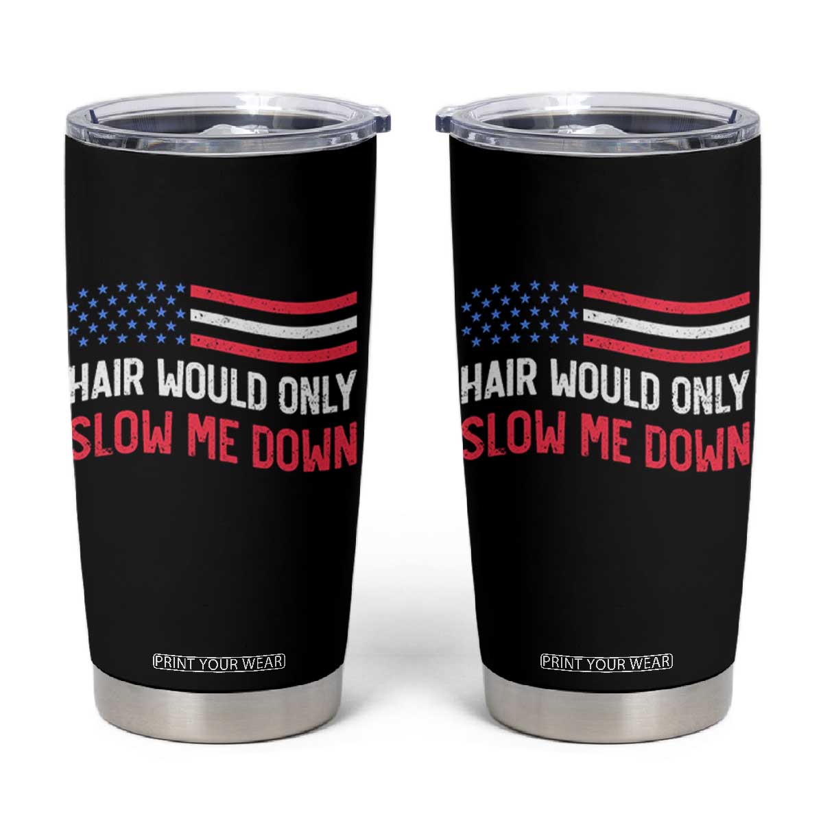 Hair Would Only Slow Me Down Retro Groovy Tumbler Cup Patriotic Waving Flag Comedic Bald Pride