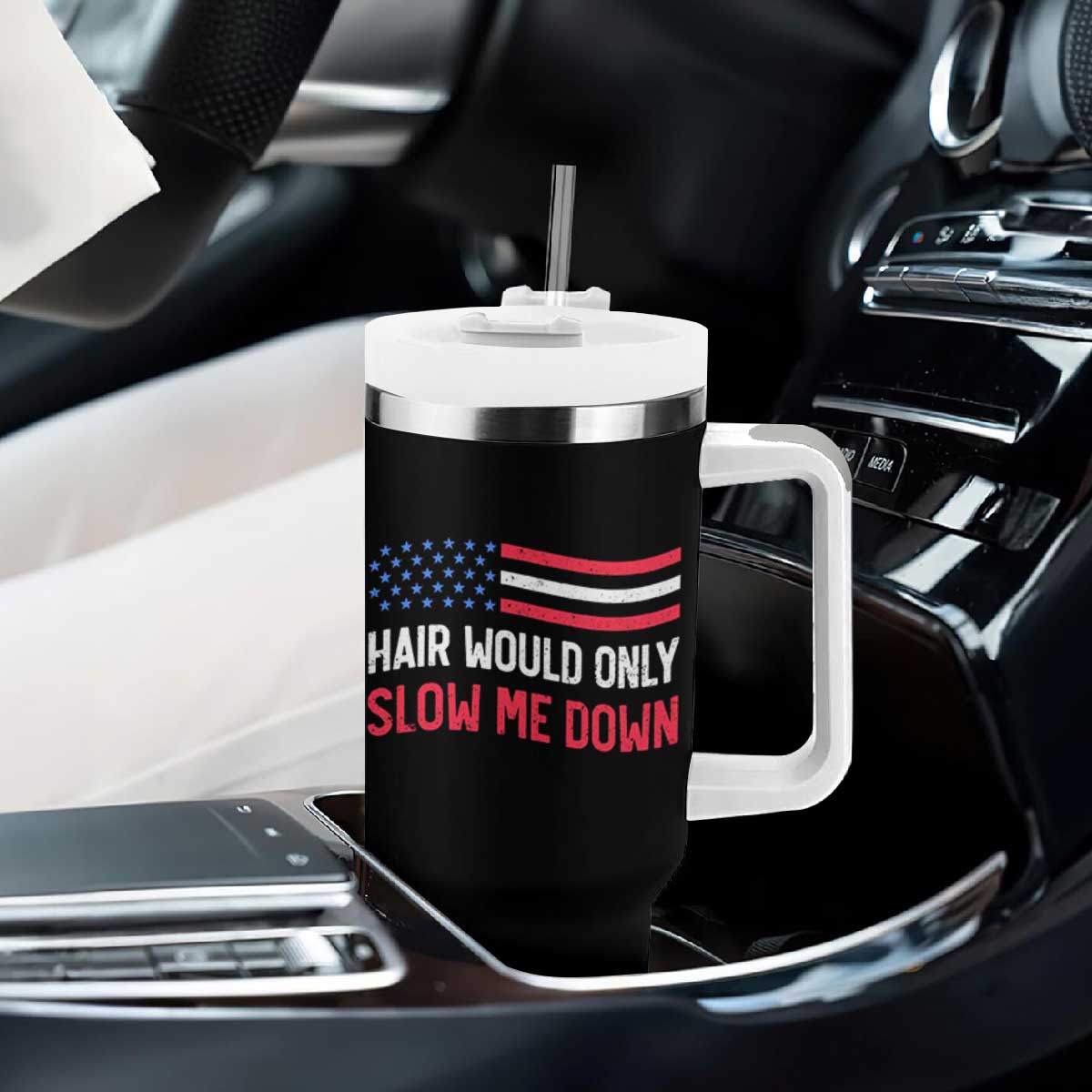 Hair Would Only Slow Me Down Retro Groovy Tumbler With Handle Patriotic Waving Flag Comedic Bald Pride