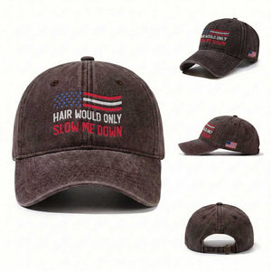 Hair Would Only Slow Me Down Retro Groovy Washed Cotton Baseball Cap Patriotic Waving Flag Comedic Bald Pride