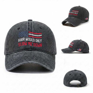 Hair Would Only Slow Me Down Retro Groovy Washed Cotton Baseball Cap Patriotic Waving Flag Comedic Bald Pride