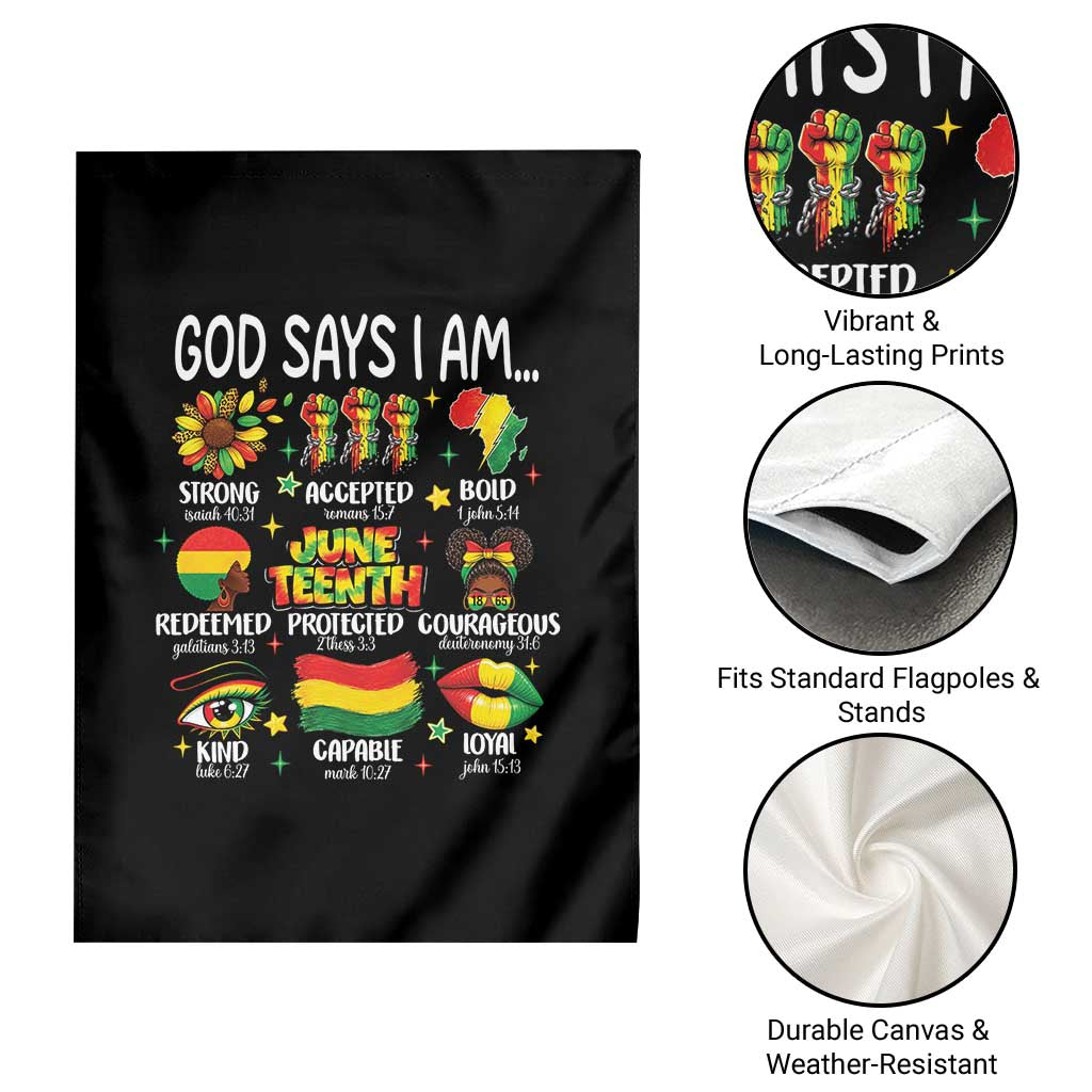 God Says I Am Juneteenth Christian Garden Flag Pan-African Afrocentric Faith Bible Verses Freedom Day