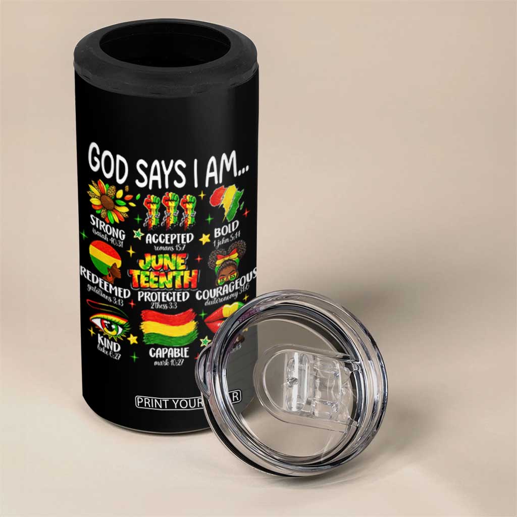 God Says I Am Juneteenth Christian 4 in 1 Can Cooler Tumbler Pan-African Afrocentric Faith Bible Verses Freedom Day