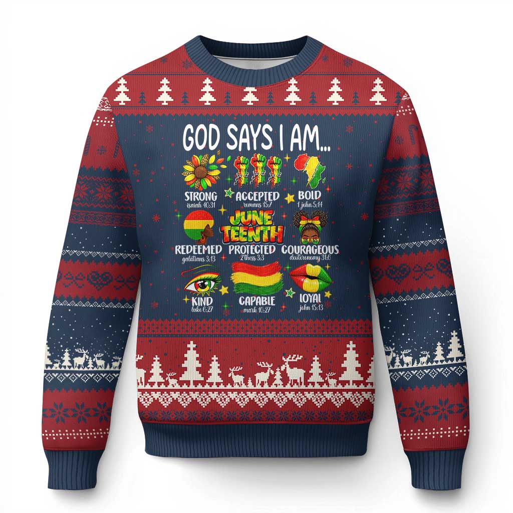 God Says I Am Juneteenth Christian Ugly Christmas Sweater Pan-African Afrocentric Faith Bible Verses Freedom Day TS02 Navy Red Print Your Wear