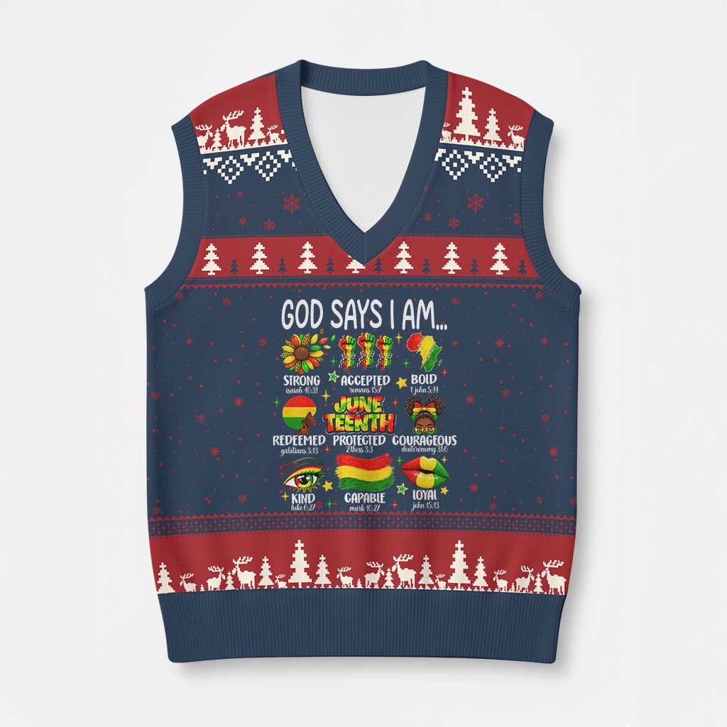 God Says I Am Juneteenth Christian V-Neck Knit Sweater Vest Pan-African Afrocentric Faith Bible Verses Freedom Day