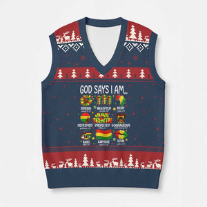 God Says I Am Juneteenth Christian V-Neck Knit Sweater Vest Pan-African Afrocentric Faith Bible Verses Freedom Day