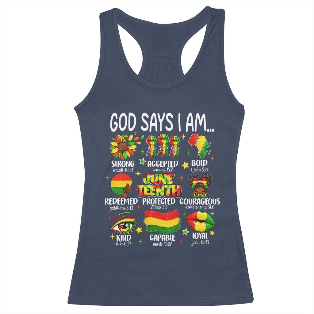God Says I Am Juneteenth Christian Racerback Tank Top Pan-African Afrocentric Faith Bible Verses Freedom Day