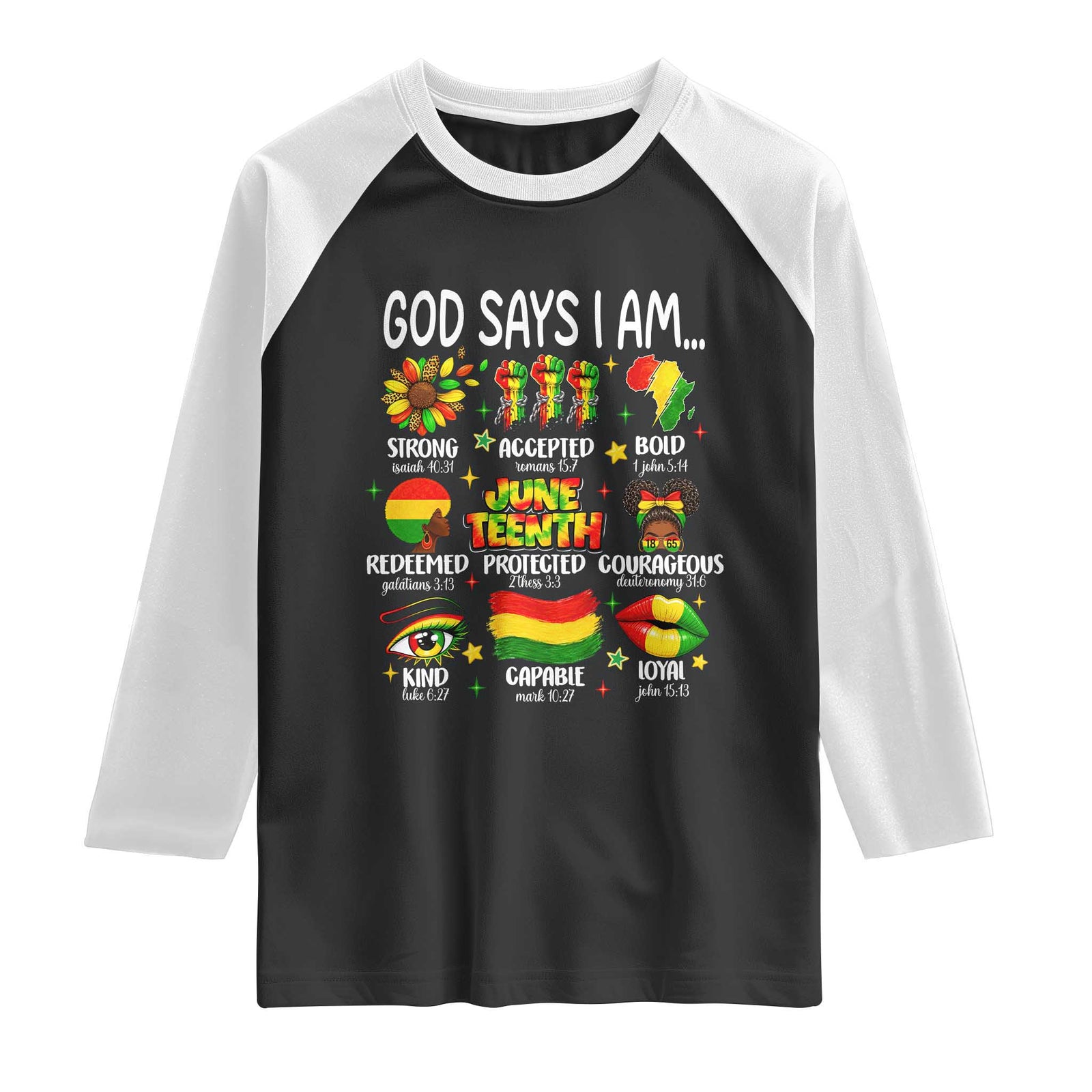 God Says I Am Juneteenth Christian Raglan Shirt Pan-African Afrocentric Faith Bible Verses Freedom Day TS02 Black White Print Your Wear