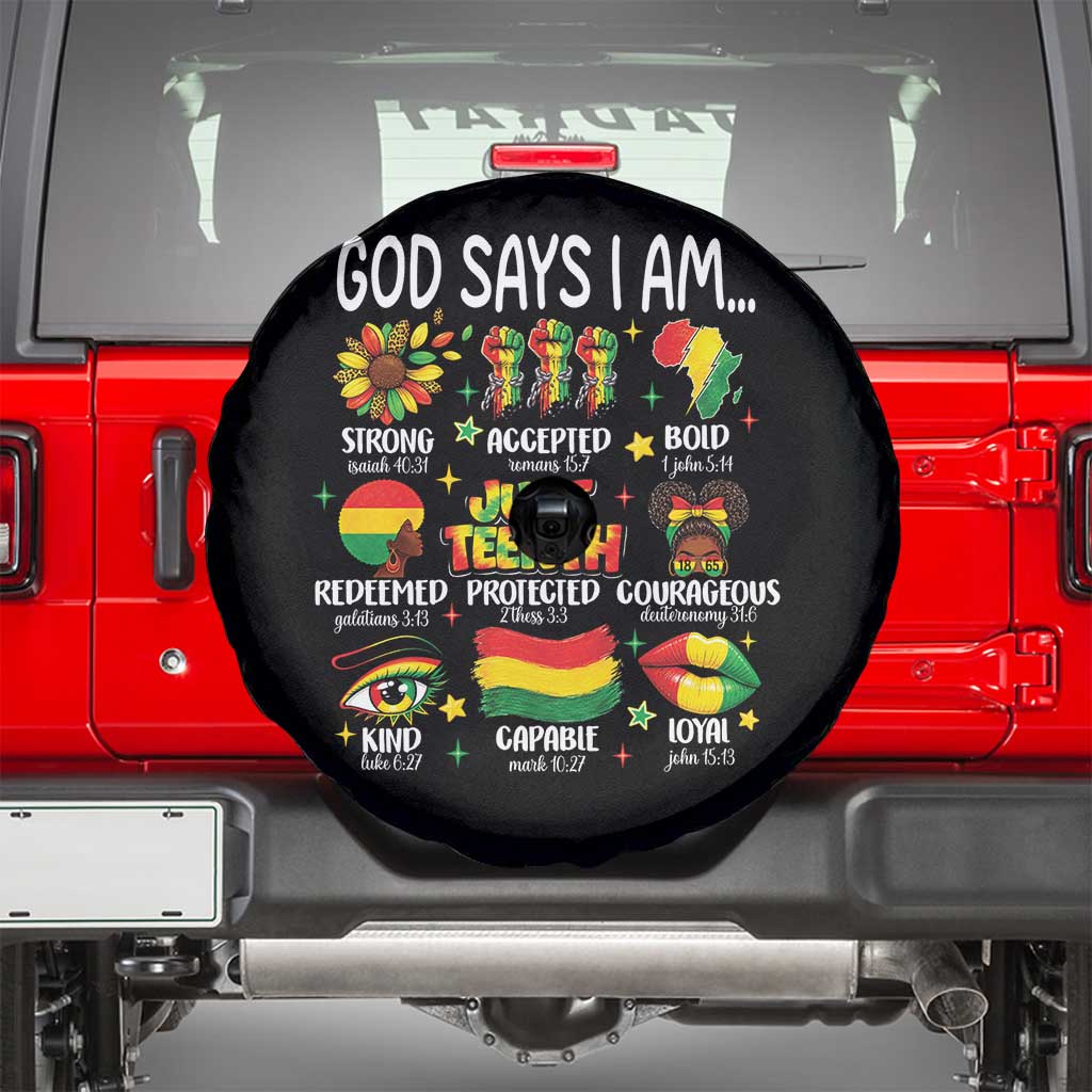 God Says I Am Juneteenth Christian Spare Tire Cover Pan-African Afrocentric Faith Bible Verses Freedom Day