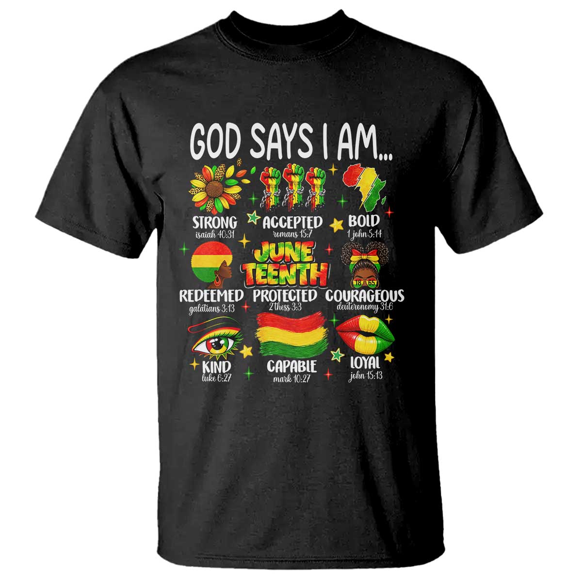God Says I Am Juneteenth Christian T Shirt Pan-African Afrocentric Faith Bible Verses Freedom Day TS02 Black Print Your Wear