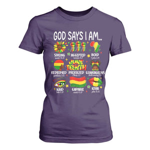 God Says I Am Juneteenth Christian T Shirt For Women Pan-African Afrocentric Faith Bible Verses Freedom Day TS02 Purple Print Your Wear