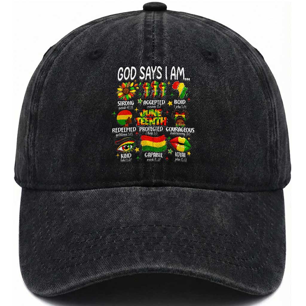 God Says I Am Juneteenth Christian Washed Cotton Baseball Cap Pan-African Afrocentric Faith Bible Verses Freedom Day