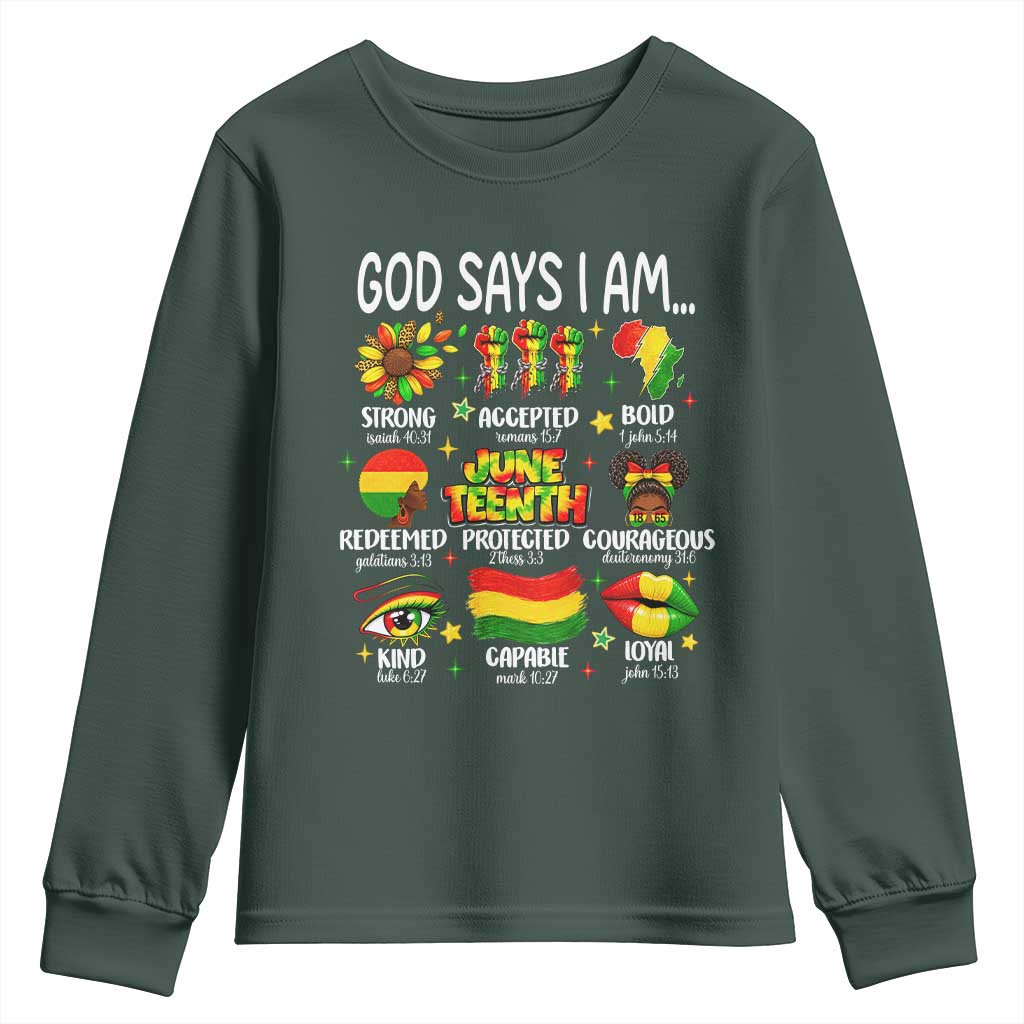 God Says I Am Juneteenth Christian Youth Sweatshirt Pan-African Afrocentric Faith Bible Verses Freedom Day