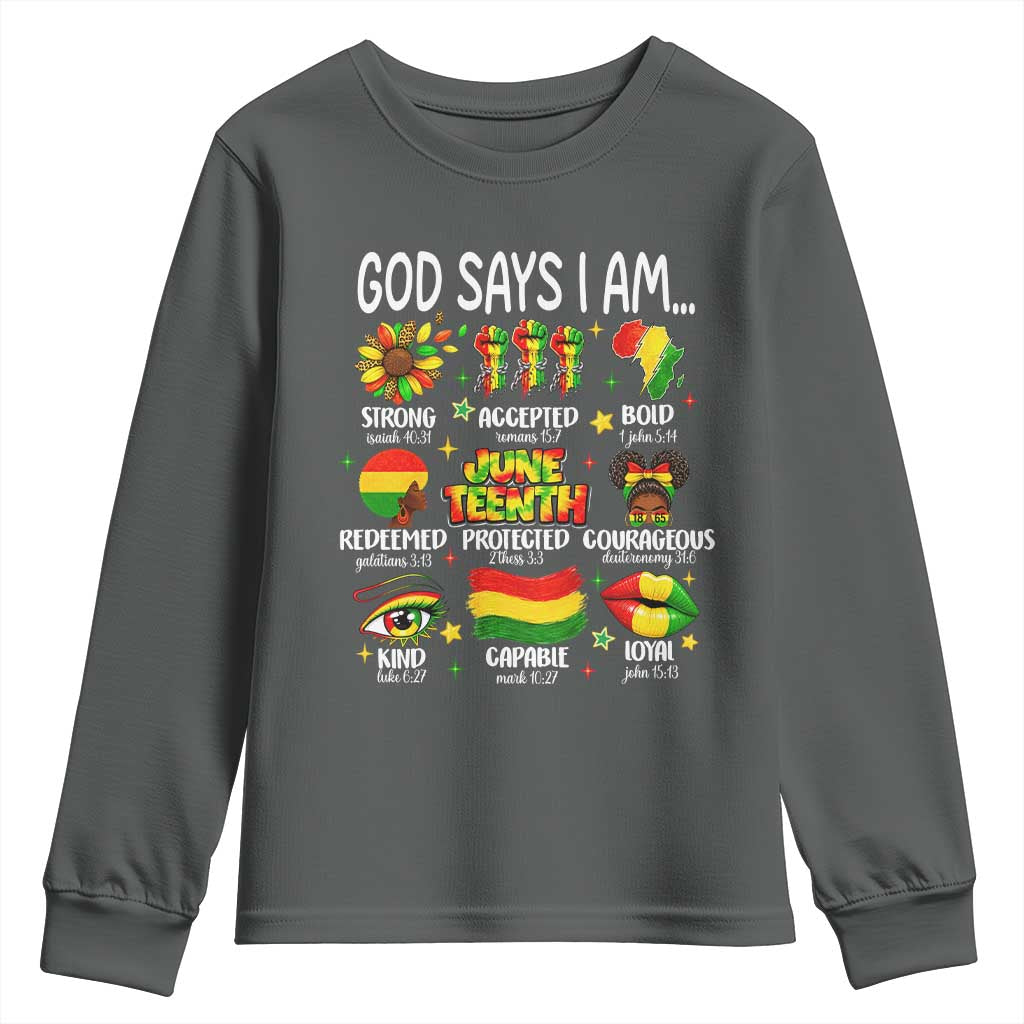 God Says I Am Juneteenth Christian Youth Sweatshirt Pan-African Afrocentric Faith Bible Verses Freedom Day