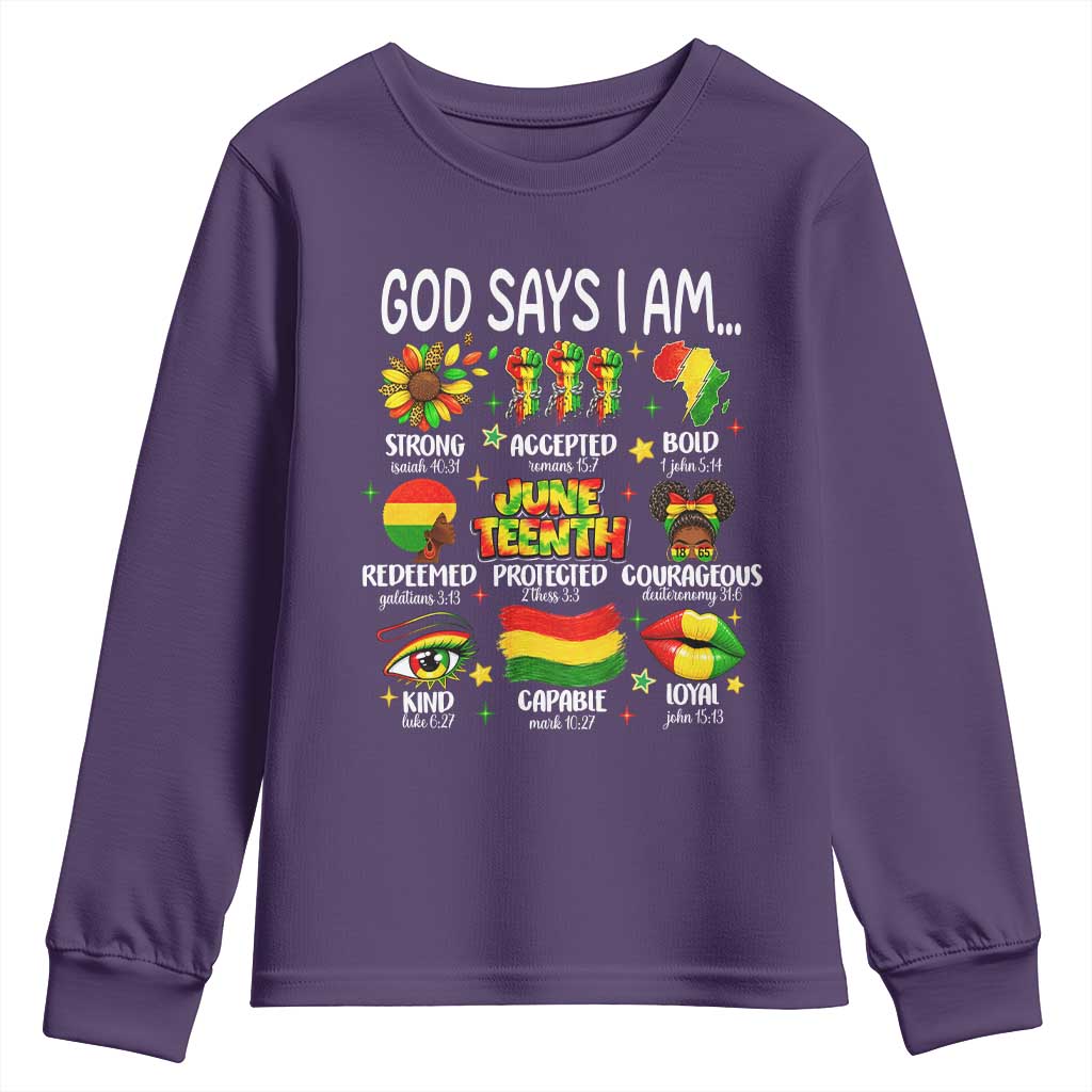 God Says I Am Juneteenth Christian Youth Sweatshirt Pan-African Afrocentric Faith Bible Verses Freedom Day