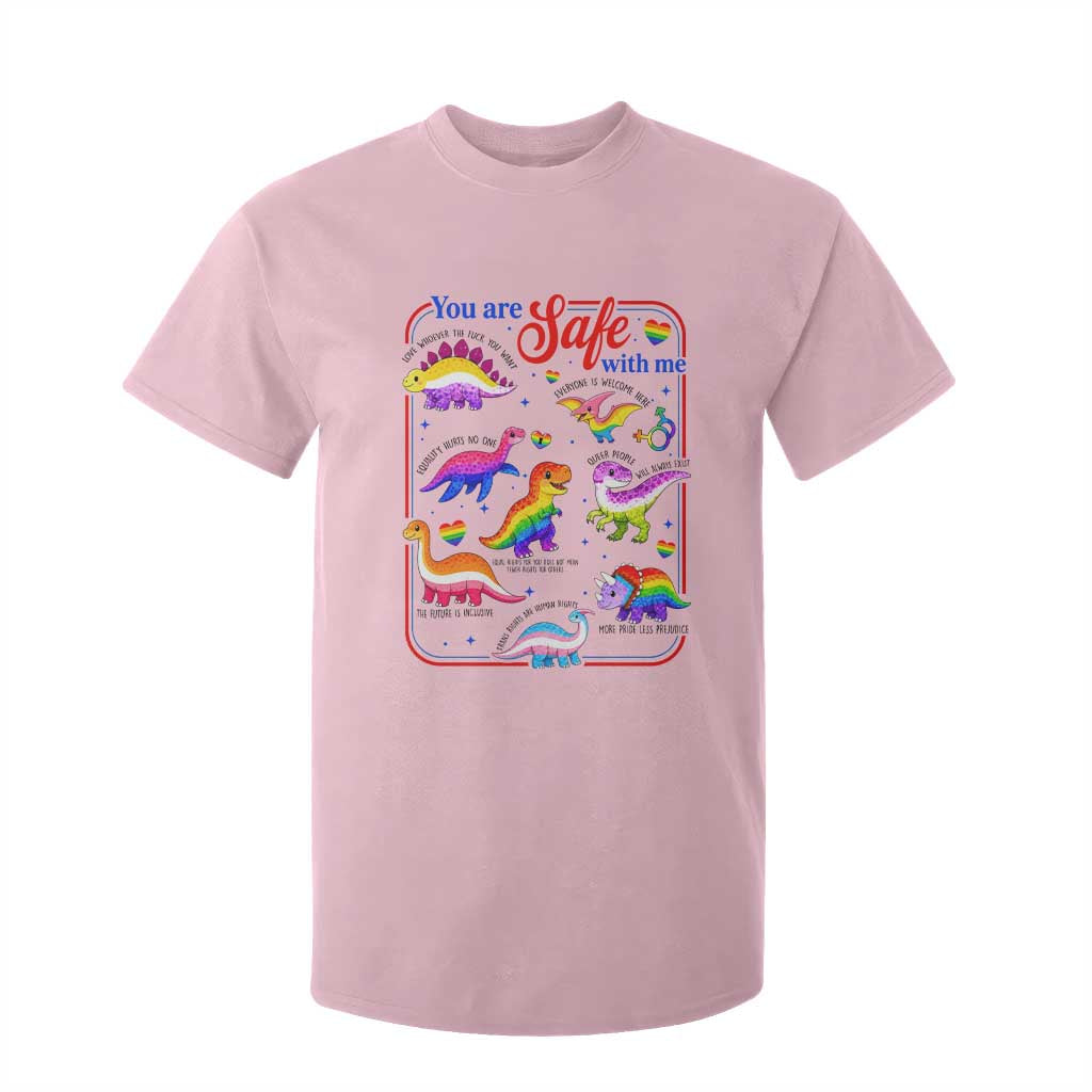 Cute Rainbow Dinosaur LGBTQ Ally T Shirt For Kid You Are Safe With Me Pride Month